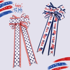 Detailed view of red white and blue 4th of July Independence Day decorative bow ornaments