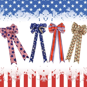 Detail view of four Independence Day decorative bows with stars and stripes patterns