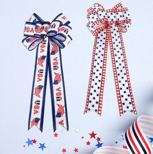 Detail of USA-themed bows with stars, stripes and map patterns for Independence Day decor