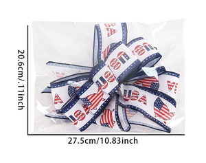 Detail of USA Flag pattern bow in clear packaging showing red, white, and blue theme