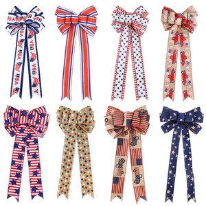 Patriotic Independence Day Bows For 4th Of July Decoration Red White Blue Star Striped Polyester Large Bows For Party Wreath Door Tree Ornament