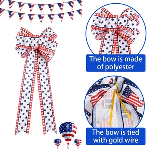 Independence Day patriotic star and stripe bow decoration made of faux linen polyester