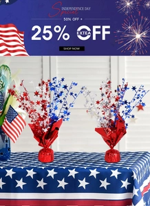 Close-up of red, white and blue star spray centerpieces for Independence Day decor