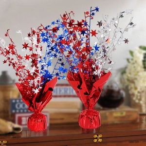 Close-up of patriotic star fountain centerpieces in red, silver and blue for Independence Day