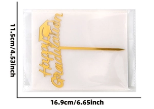 Gouden acryl Happy Graduation taarttopper afmetingen 16,9 cm breedte en 11,5 cm hoogte