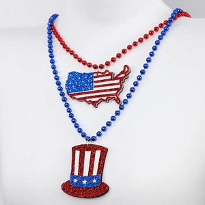 Detail of red and blue beaded necklaces with glittery US map and Uncle Sam hat pendants