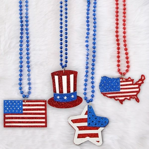 Independence Day party beaded necklaces with glittery flag and Uncle Sam hat pendants