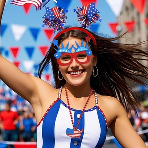 Independence Day patriotic party set with star headband, glitter glasses, and bead necklace