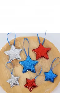 Glittery red blue silver star ornaments with hanging ropes for Independence Day decor