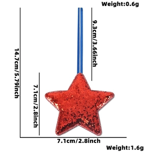 Detailed size chart showing dimensions of the red sequin star ornament with blue hanging rope