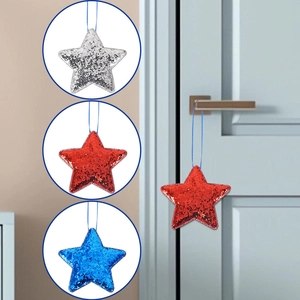 Sparkly red blue and silver star ornaments with hanging ropes for festive party decor