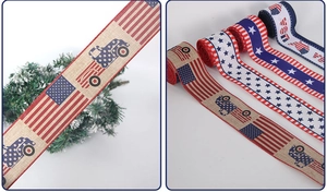 Dettagli di nastri in juta patriottici USA con stelle strisce e stampe di camion vintage
