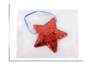 Red glitter star ornament with blue ribbon for party decor, size 5.04 x 3.98 inches