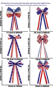 Size chart showing six styles of 4th of July bow hair ties with dimensions in cm and inches