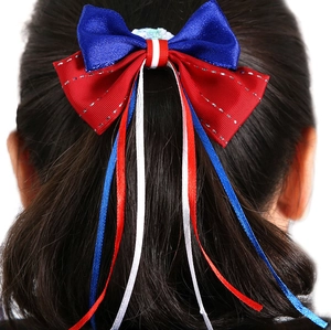 Detail of red white and blue ribbon bow hair accessory worn on long dark hair