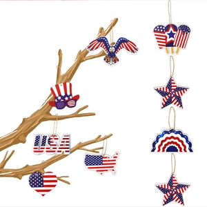 Detailed view of red, white, and blue wooden ornaments for US Independence Day decor
