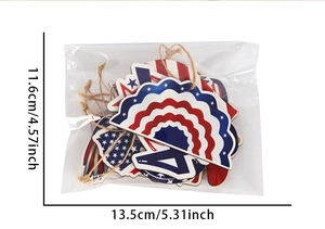 Detail of 4th of July wooden patriotic pendants showing festive eagle and flag designs