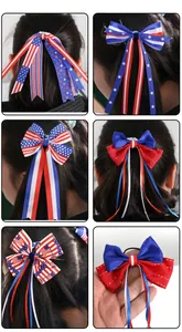 Close-up of American flag patriotic bow hair ties featuring red white and blue star stripes