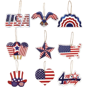 9-piece set of July 4th wooden ornaments with red white and blue USA flag patterns