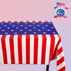 Detail of disposable Independence Day PE tablecloth with stars and stripes flag patterns
