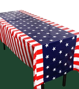 Detail of disposable US Independence Day tablecloth with stars and stripes pattern