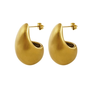 Matte gold stainless steel teardrop hoop earrings with brushed metal finish