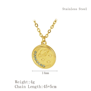 Collier en acier inoxydable doré avec pendentif rond gravé lune et étoile en cristal
