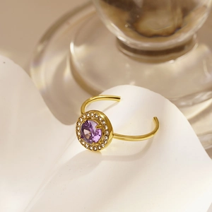Luxury Stainless Steel Rhinestone Open Adjustable Ring For Women 18K Gold Plated Geometric Round Colorful Stone Jewelry