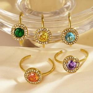 Luxury gold adjustable rings with round colorful gemstones and zircon halo set