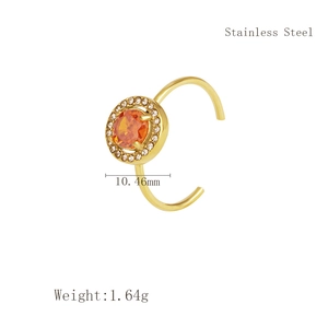 Adjustable gold stainless steel ring with round orange stone and micro-pave zirconia