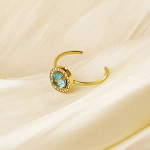 Adjustable gold plated stainless steel ring with light blue zircon and halo stones