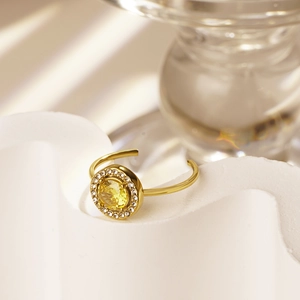 18K gold plated adjustable open ring with round yellow zircon and halo diamond accents
