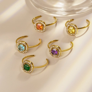 Anillo Ajustable Abierto de Acero Inoxidable con Zirconia Cuadrada de Lujo para Mujer Chapado en Oro Púrpura Verde Rojo Amarillo Azul Cristal Halo Joyería