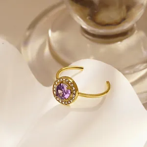 Luxe Roestvrij Staal Strass Open Verstelbaar Ring Voor Vrouwen 18K Verguld Geometrisch Rond Gekleurde Steen Sieraden