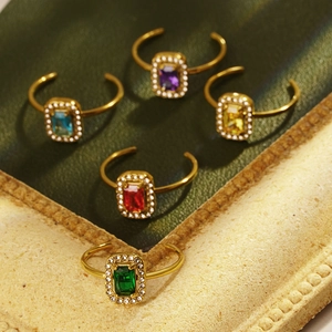 Vintage Stainless Steel Adjustable Ring For Women Colorful Zirconia Rectangle Stone Rhinestone Border Fashion Jewelry