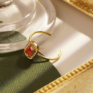 Elegant gold-plated stainless steel open ring with a square red zircon and halo setting