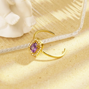 Elegant gold adjustable ring with a square purple zircon and white crystal halo
