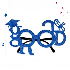 Blue glitter graduation glasses with GRAD letters and mortarboard size measurements