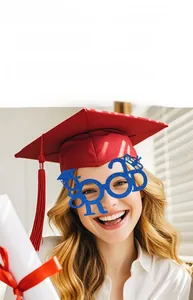Close-up of blue glitter GRAD glasses with felt texture and doctoral cap detail