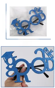 Blue sequin GRAD glasses for graduation party with size details 20.3cm x 16.6cm
