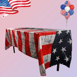 Disposable Independence Day tablecloth with American flag stars, stripes and wood grain texture