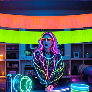 Makroaufnahme von neonfarbenen Fransenvorhängen in Orange und Grün mit LED-Lichteffekt
