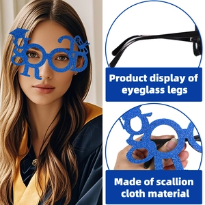 2024 graduation party glasses featuring blue glitter Grad letters and scholar cap design