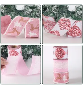 Close-up of 2M pink Christmas elk burlap ribbons for tree decor and gift wrapping