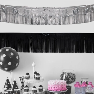 Silver and black metallic tinsel foil fringe curtains set with balloons for party decor