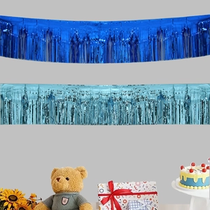 Glossy blue foil fringe curtain banner for festive party ceiling and wall decoration