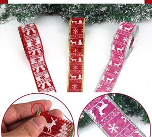 Detail of Christmas ribbon with wire edges and festive reindeer snowflake prints