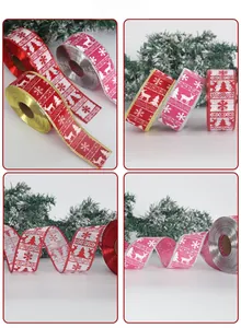 Close-up of red and pink Christmas ribbons with reindeer and snowflake patterns