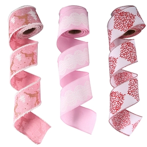 Set of 3 Christmas pink wired edge faux linen ribbons for DIY tree decoration.