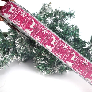 Fuchsia Christmas reindeer ribbon with white snowflakes for festive tree decoration